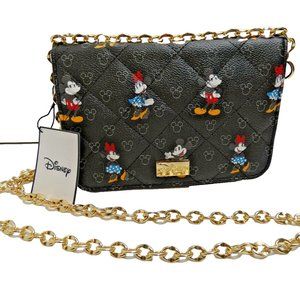Disney Crossbody Bag Purse Mickey Minnie Mouse Black Embossed Gold Chain NWT